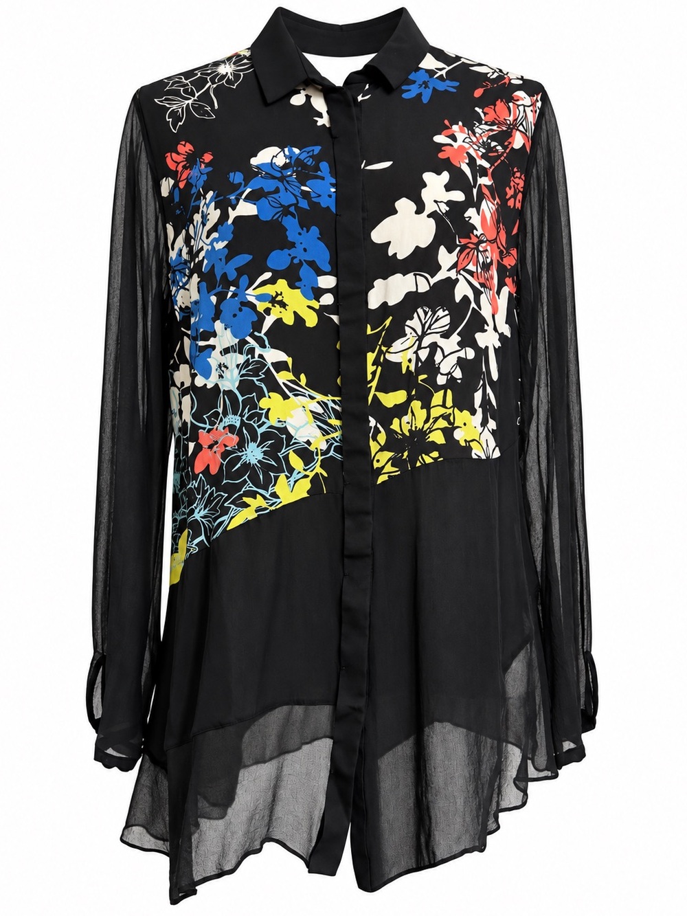 Elie Tahari Silk Floral Sheer Sleeve Tunic Blouse Size Large